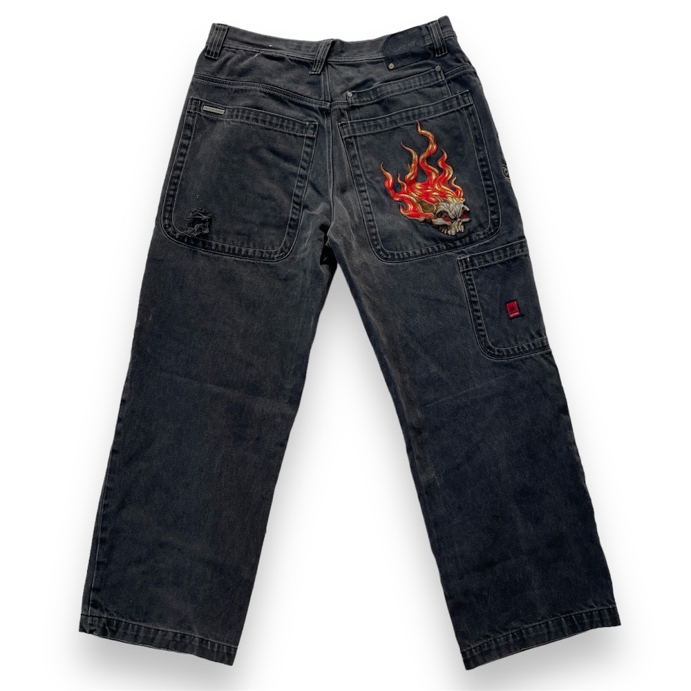 RARE Vintage Y2K JNCO Jeans Flaming Skull 36 x 32 Black Wide Grunge Fire 90s